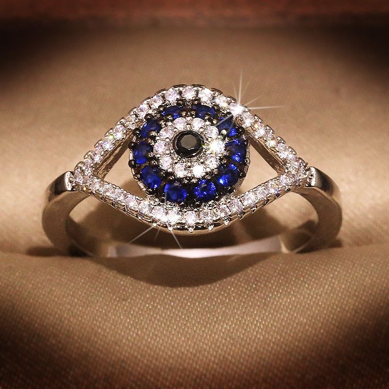 Blue Crystal Stone Third Eye/Evil Eye Sterling Silver Ring