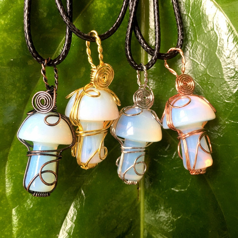 Handcrafted Wire Wrapped Mushroom Gemstone Crystal Spiritual Healing Necklace