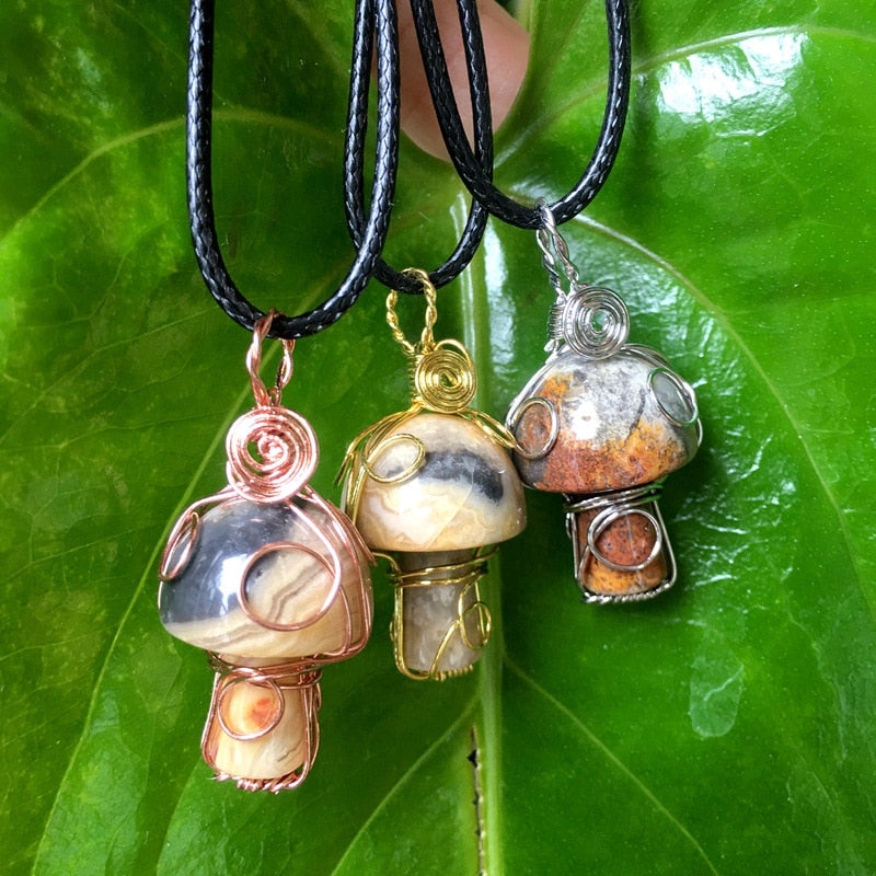 Handcrafted Wire Wrapped Mushroom Gemstone Crystal Spiritual Healing Necklace